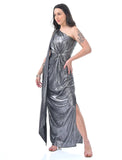 Silver Metallic one shoulder flare dress