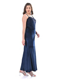 Dark Blue brallete emblished stone velvet dress