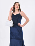 Dark Blue brallete emblished stone velvet dress