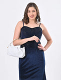 Dark Blue brallete emblished stone velvet dress