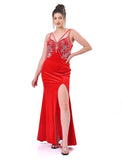 Cherry Red brallet emblished stone velvet dress