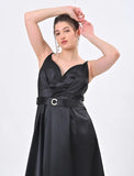 Black Satin flary dress with sequined semi top