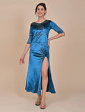 Blue velvet gown with slit