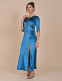 Blue velvet gown with slit