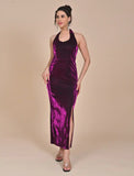 Purple Polyster satin dress with slit