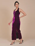 Purple Polyster satin dress with slit