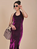 Purple Polyster satin dress with slit